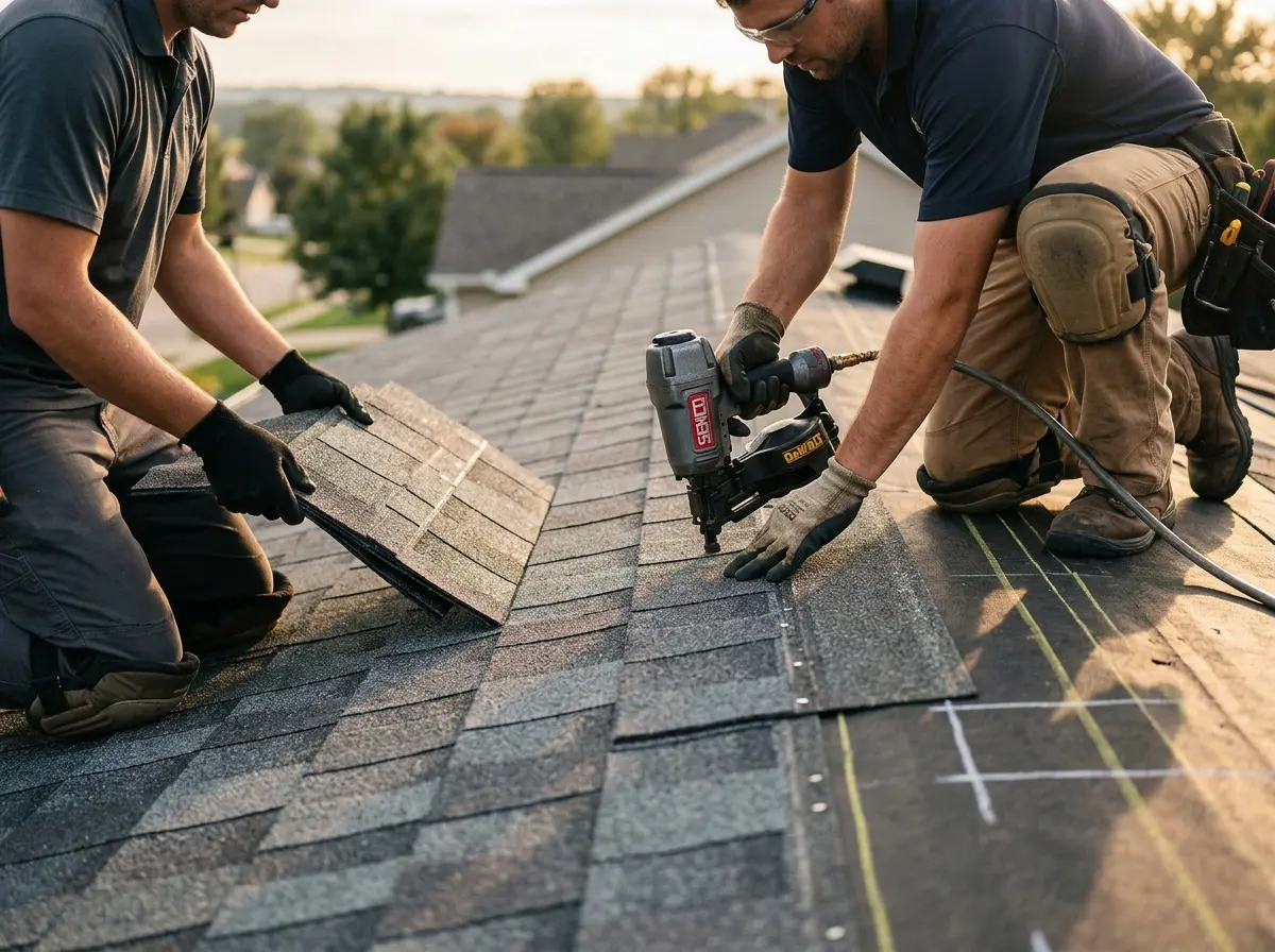 Professional roofer working on a residential roof in Escalon